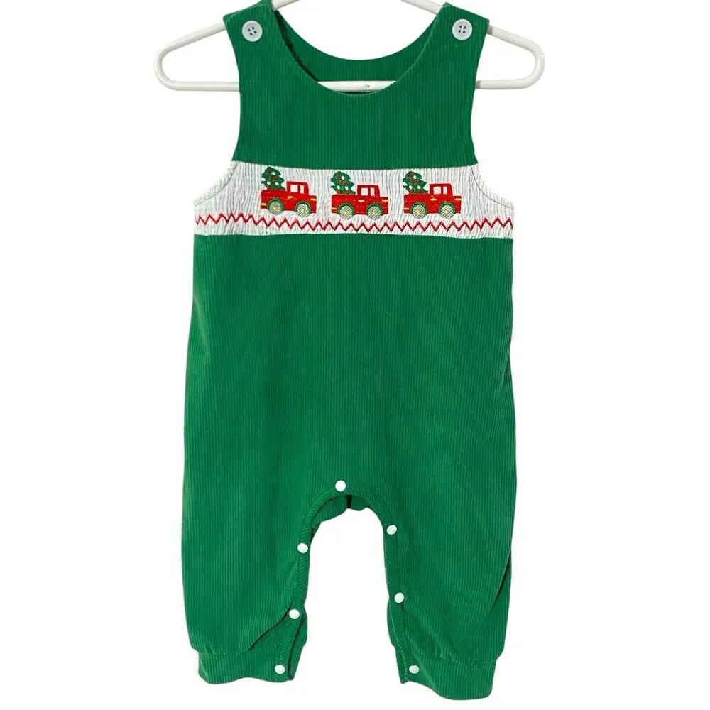 Christmas Ribbed Green Romper 6-9 mo Truck Tree Embroidered Smocked Overalls